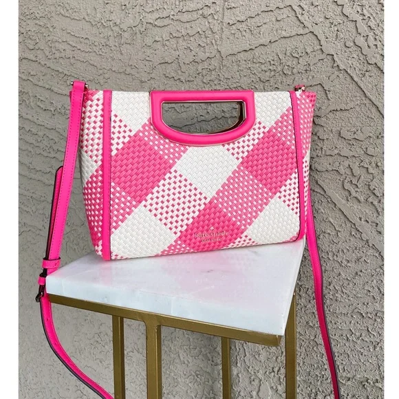 KATE SPADE Pink & White Plaid Gingham Alexia Woven Clutch Crossbody Bag